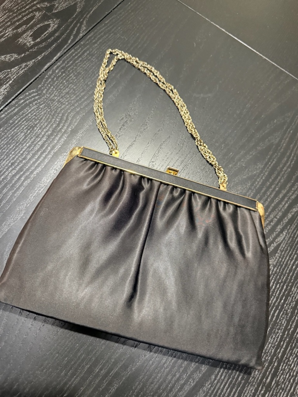 Vintage Classic Black Satin Evening Bag with Gold Chain